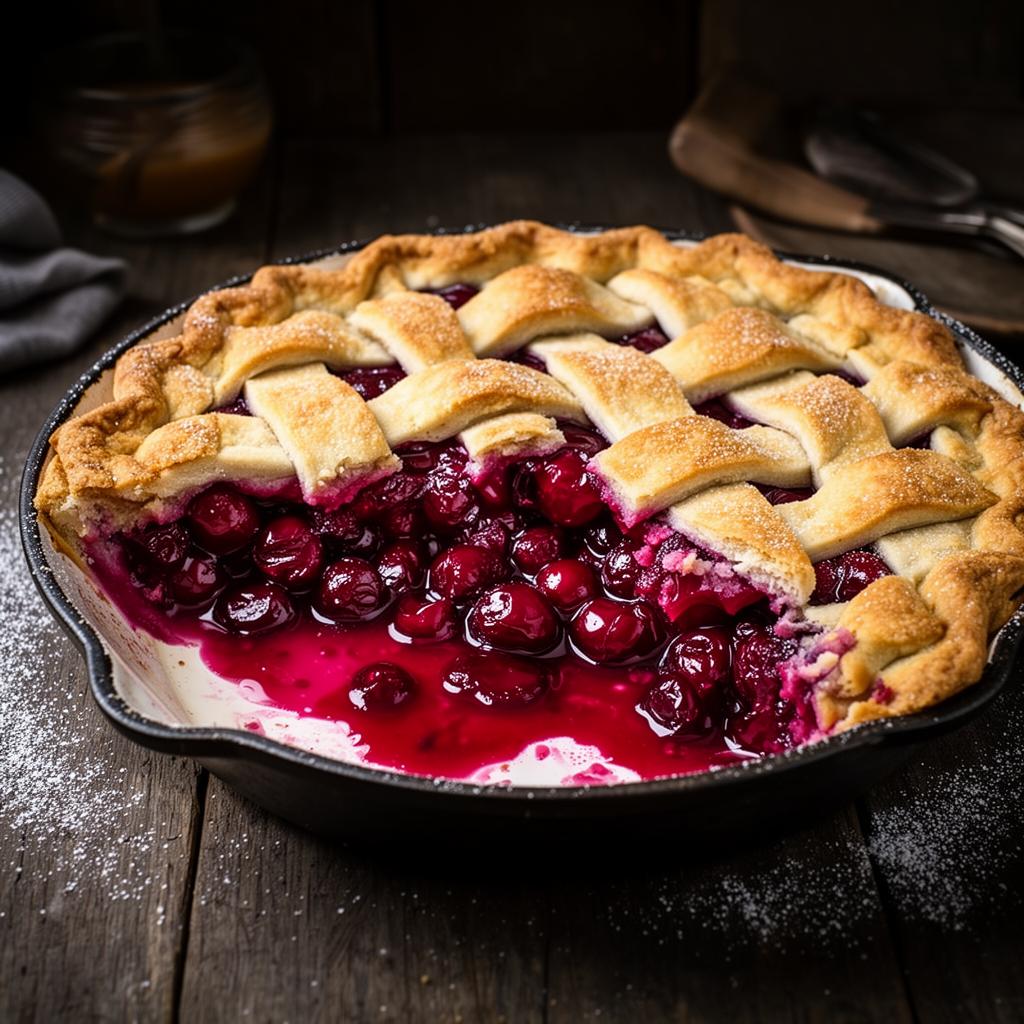Homemade cherry pie with sugared lattice top in a cast iron pan