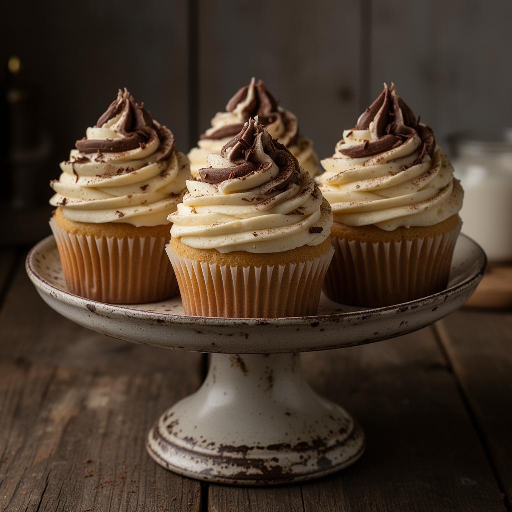 Buttercream cupcakes on a vintage cake stand