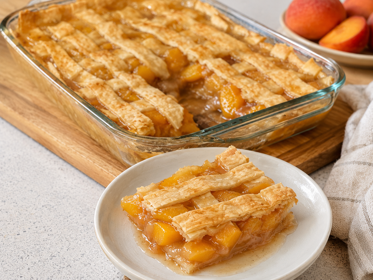 Single serving of peach cobbler in a glass jar with vanilla ice cream